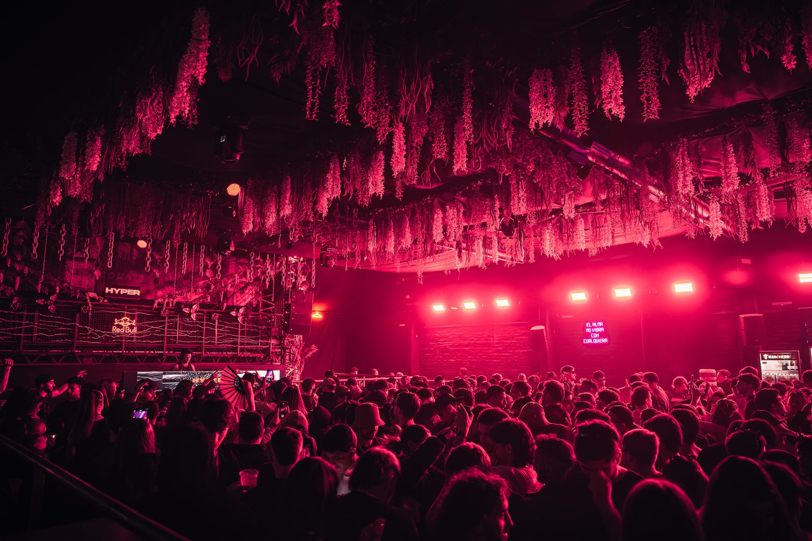 Pista llena de gente bajo un techo de flores colgantes iluminado de rosa, en Hyperclub, Mendoza